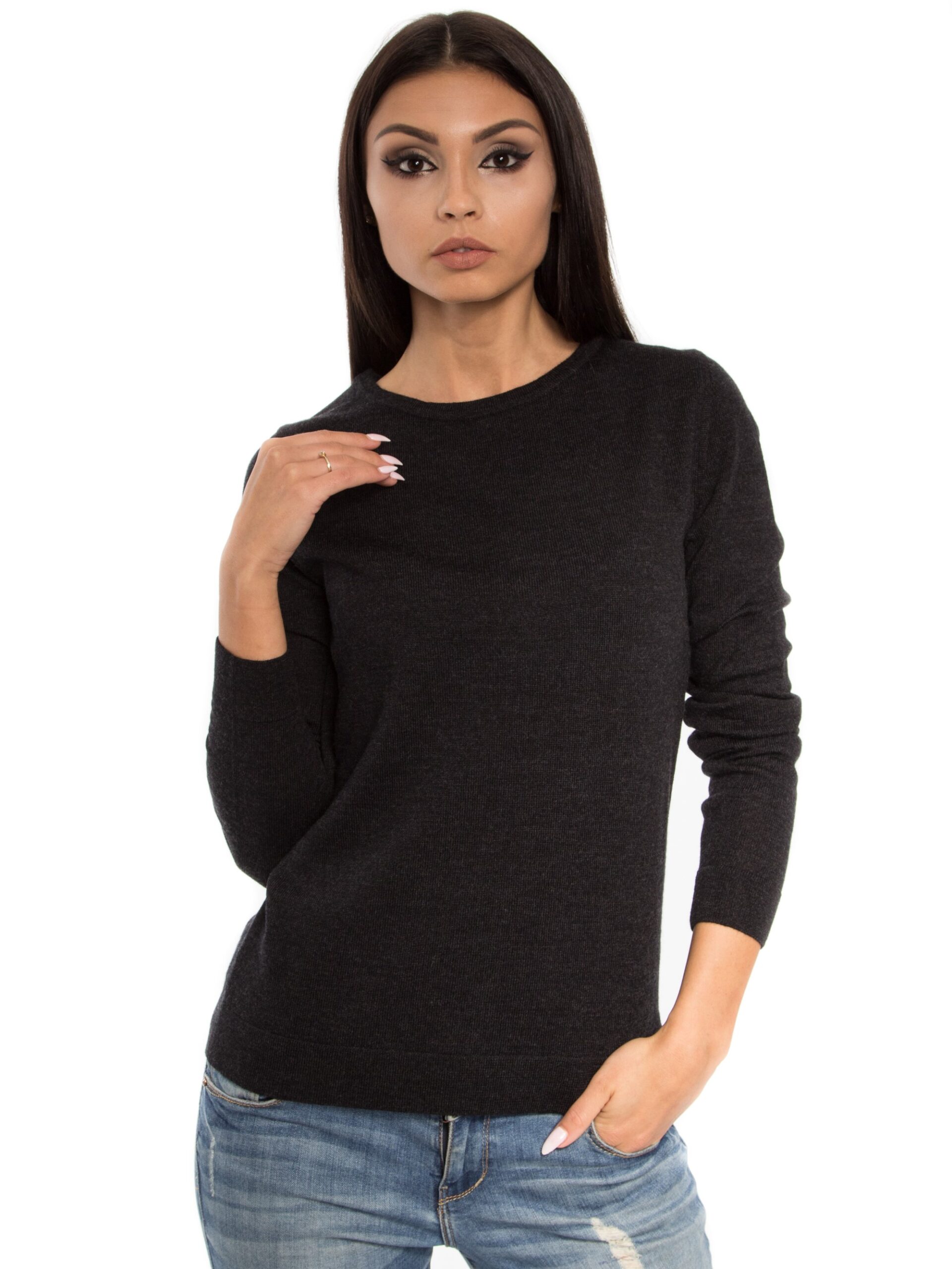 Black_Melange Women's Crew Neck Sweater Black