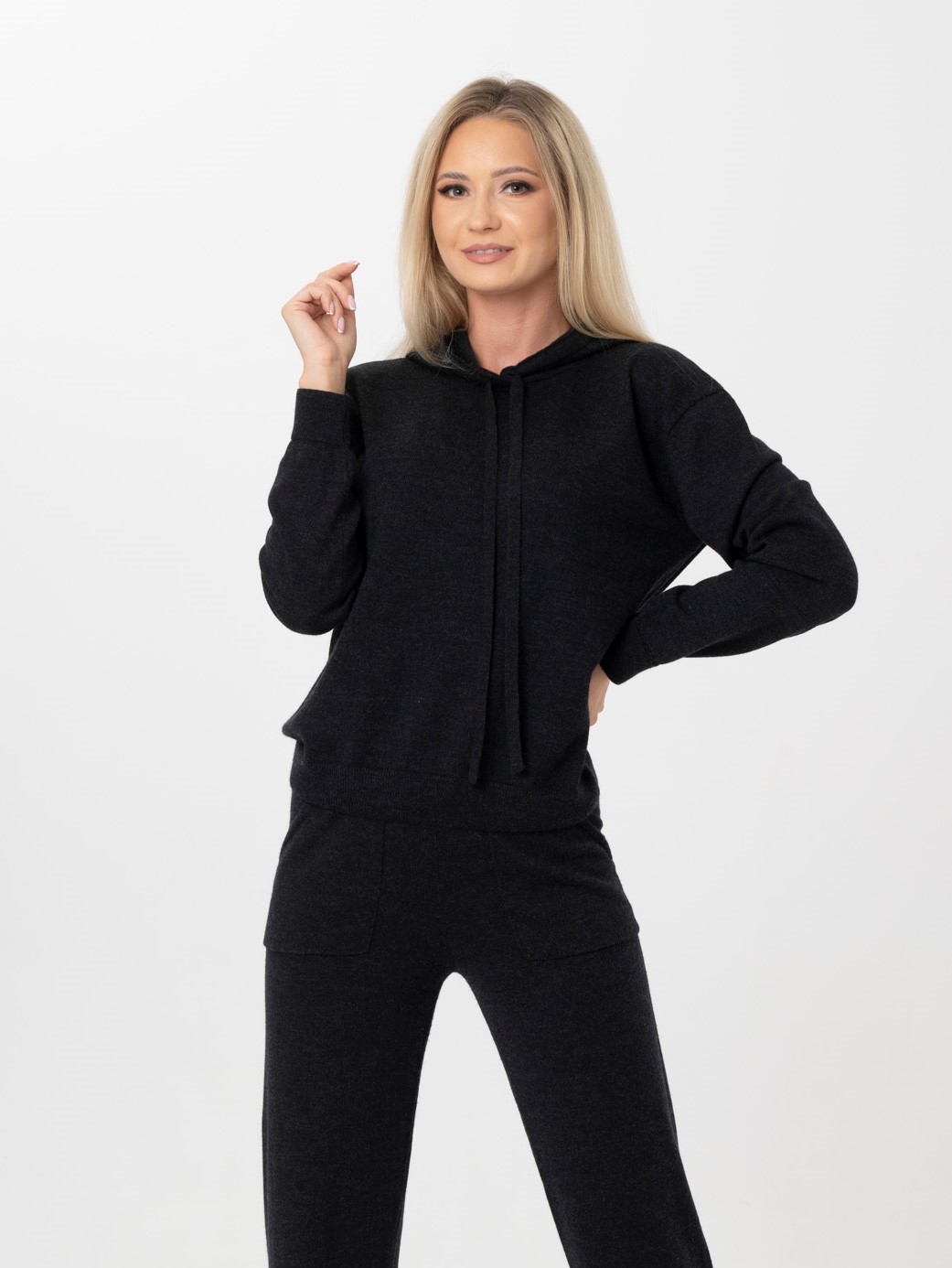 Hoodie & Jogger Set_10 Black Women's Merino Wool Hoodie Sweater & Jogger Pants Set