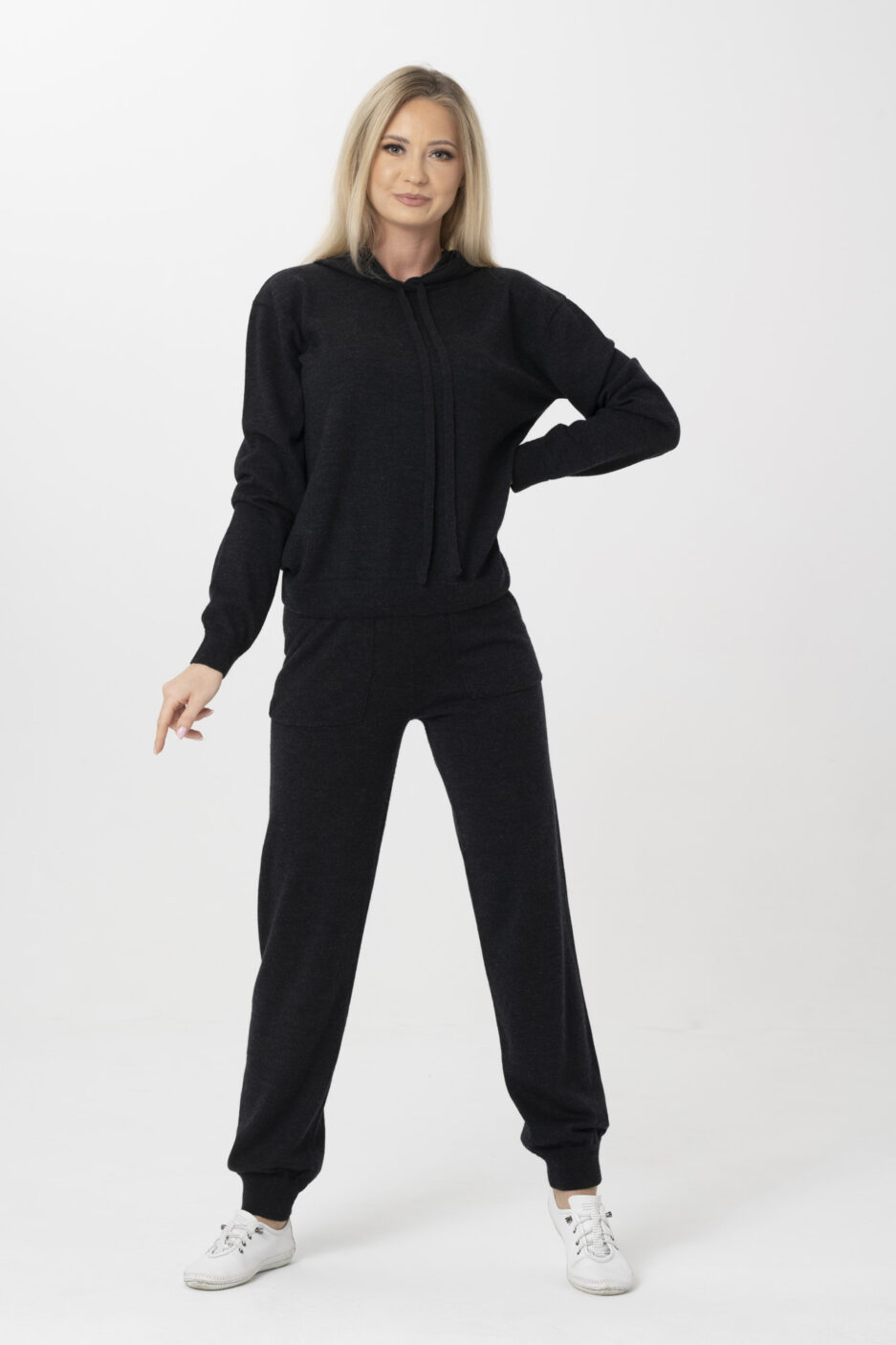 Black Women's Merino Wool Hoodie Sweater & Jogger Pants Set