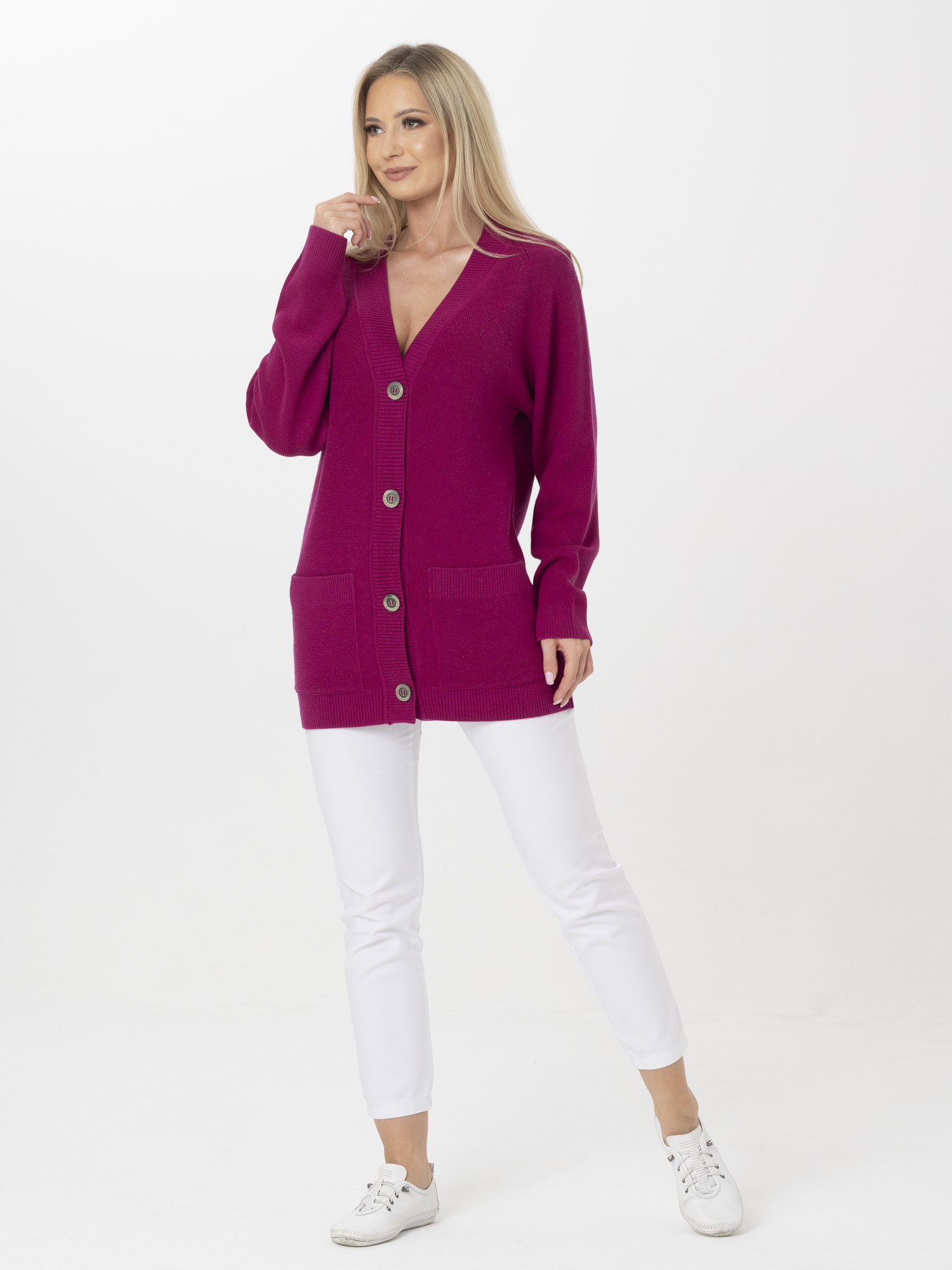 Fuchsia Long Cardigan_5 Long Women's Cardigan Buttoned Down With Pockets