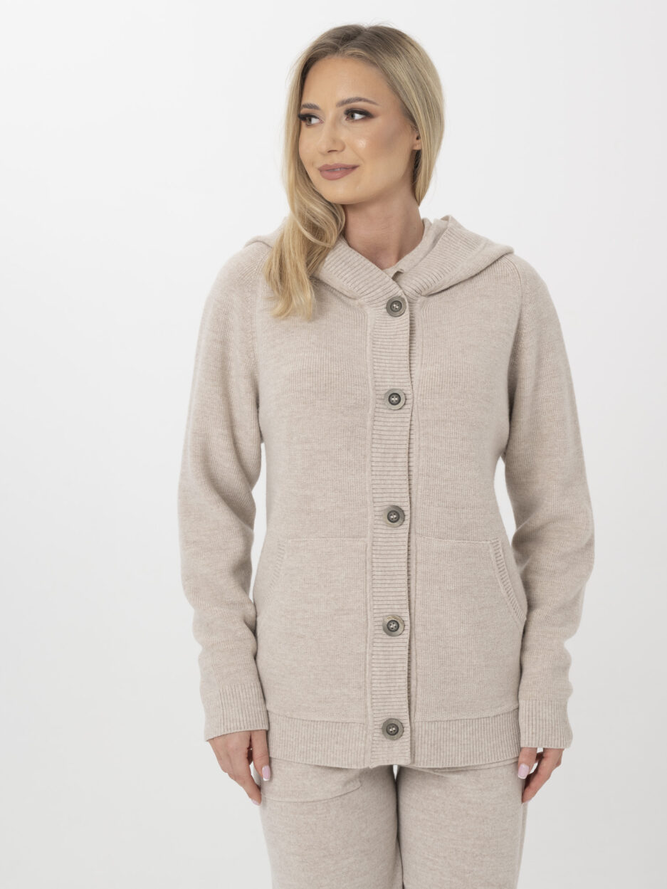 Women's Wool Cardigan Long With Hood and Pockets Beige